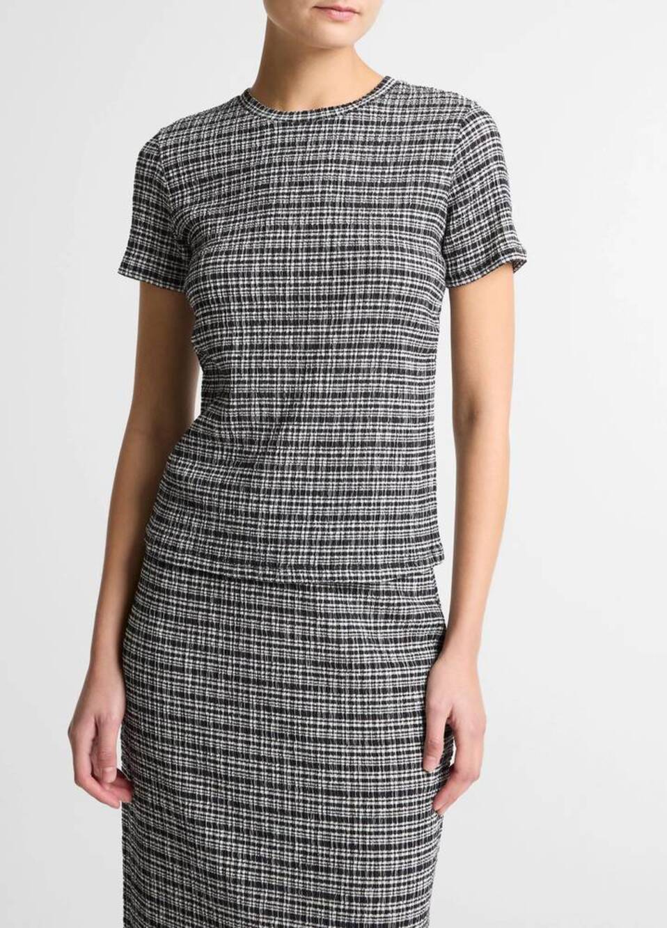 Vince Plaid Grid-Knit Short Sleeve Crew Neck Top Eclipse Combo M NWT Modern Chic